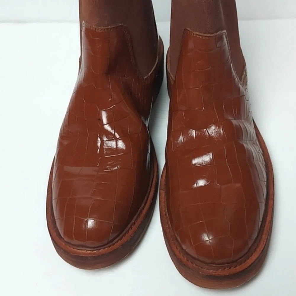 Free People Arlo Santa Fe Chelsea Boots Embossed Croc Ankle Boots Brown Size 40